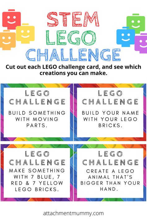 28 Day STEM LEGO Building Challenge {with printable cards} National Lego Day Activities, Homeschool Lego Activities, Lego Stem Challenge Cards, Stem Activities With Index Cards, Steam Lego Activities, Printable Stem Activities, Lego Literacy Activities, Lego Reading Activities, Lego Club Challenges