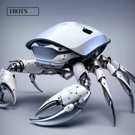 mechanical creation named “ibots” that takes inspiration from a crab’s form. The main body of the robot is crafted from the casing of an Apple product, as evidenced by the visible Apple logo. This detail suggests a repurposing of familiar technology into a new, imaginative form. All. the parts are glossy white. Crab Robot, Mechanical Animals, Alien Plants, Inktober 2024, Robot Concept, The Robot, Robot Design, Robots Concept, Robot Art