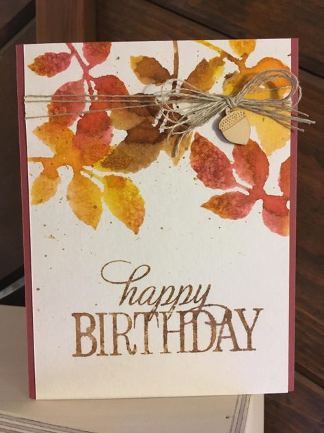 Fall Guy Birthday by mfb - Cards and Paper Crafts at Splitcoaststampers Fall Watercolor Birthday Cards, November Birthday Card Ideas, Fall Birthday Cards, Watercolor Challenge, Guy Birthday, Leaf Stamp, Water Mister, Fall Guy, Watercolor Birthday Cards