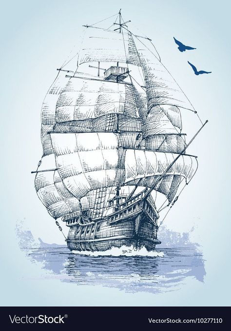 Boat On Sea, Ship Sketch, Ship At Sea, Old Ship, Sea Drawing, Boat Drawing, Bateau Pirate, Old Sailing Ships, Ship Tattoo