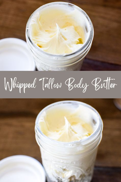 Whipped Tallow Body Butter Recipe - A Quaint Life Beef Tallow Whipped Body Butter, Whipped Beef Tallow Lotion, Goats Milk Body Butter Recipe, Tallow Whip Recipe, Beef Tallow Body Butter, Goat Milk Body Butter Recipe, Whipped Tallow Body Butter, Tallow Lotion Recipe, Tallow Recipes