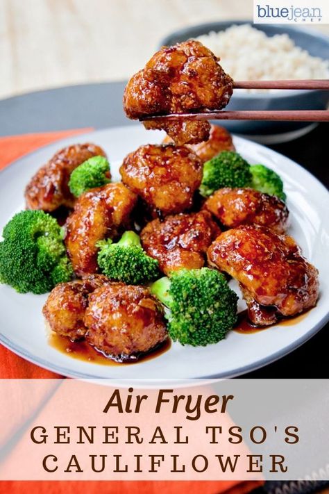 This recipe for General Tso's Cauliflower is a great way to get your Chinese food fix right at home and keep it vegetarian. Cut the cauliflower florets into bite-sized pieces – especially if you intend to eat this with chopsticks! Homemade General Tso made in your air fryer is so much better for you than take out. Check out the video and see how easy it is to make. #bluejeanchef #cauliflower #ch Air Fryer Cauliflower Recipes Asian, Air Fryer Asian Cauliflower, Air Fryer General Tso Cauliflower, General Tso Cauliflower Air Fryer, Vegetarian Air Fryer Recipes, General Tso Cauliflower, General Tso's Cauliflower, Air Fryer Recipes Vegetarian, Air Fryer Oven Recipes