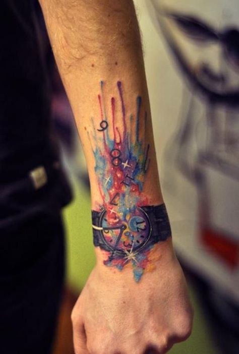 Time warp watercolor tattoo Men Color Tattoo, Forearm Tattoos For Guys, Watercolor Tattoo Sleeve, Really Bad Tattoos, Butterfly Tattoos On Arm, Trendy Watercolor, Cool Wrist Tattoos, Kunst Tattoos, Tattoo Trend