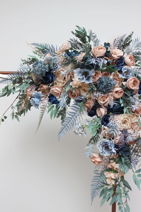 "The flower arrangements are created from artificial flowers and greenery of high quality. Bouquets are here: https://www.etsy.com/listing/950909068/boho-bouquet-beige-dahlia-dusty-navy?ref=shop_home_active_94&frs=1&crt=1 The length of straight arrangement - 31\"( 80 cm) Size of corner arch arrangement - 30\" * 30\" inches Thanks for visiting!" Dusky Blue And Navy Wedding, Beige And Light Blue Wedding, Blue Boho Wedding Decor, Navy Blue Wedding Theme Decoration, Dusty And Navy Blue Wedding, Navy Floral Arrangements, Dusty Blue Boho Wedding, Dusty Blue And Navy Wedding, Navy Wedding Theme