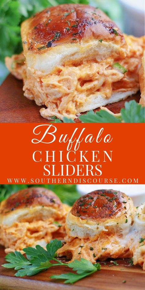 Shredded Buffalo Chicken Sliders - southern discourse Buffalo Chicken Sandwich Shredded, Buffalo Shredded Chicken Sandwiches, Pulled Buffalo Chicken Sandwich, Healthy Buffalo Chicken Sliders, Buffalo Shredded Chicken Recipes, Chicken Sliders Recipes Simple, Buffalo Ranch Sliders, Buffalo Chicken Sliders Cream Cheese, Best Buffalo Chicken Sliders