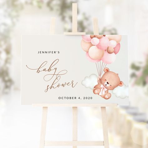 Planning a baby shower? Dress up the celebration with this charming ‘Welcome’ sign! #printable #babyshower #babyshowerstationery #babyshowersigns #SHdesigns Brown Balloons, Teddy Bear Pink, Teddy Bear Brown, Shower Dress, Bear Pink, Purple Balloons, Bear Brown, Green Balloon, Shower Welcome Sign