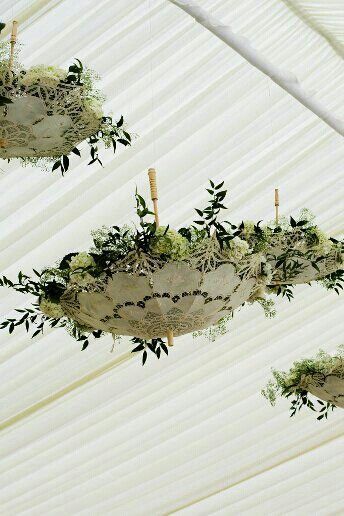 This has possibilities. White paper umbrellas with cedar boughs, lights and ?? Marquee Decoration, Deco Champetre, Festa Party, Marquee Wedding, Hanging Flowers, Deco Floral, The Ceiling, Ceiling Decor, Wedding Deco