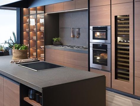 Wood And Black Kitchen, Contemporary Country Home, Modern Industrial Kitchen, Wine Storage Cabinets, Casa Interior, Large Refrigerator, Home Wine Cellars, Wood And Black, Entertaining Kitchen