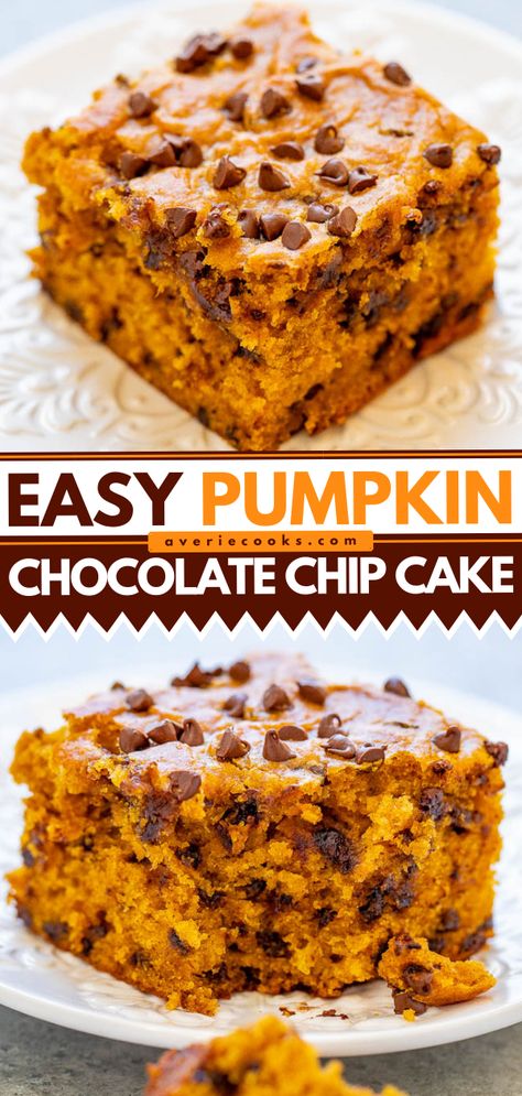 Pumpkin Chocolate Chip Cake - Averie Cooks Pumpkin Chocolate Chip Cupcakes Easy, Chocolate Chip Spice Cake, Pumpkin Chocolate Chip Desserts, Pumpkin Cake With Chocolate Chips, Pumpkin Chocolate Chip Recipes, Pumpkin Chocolate Desserts, Chocolate Chip Pumpkin Cake, Halloween Chocolate Desserts, Pumpkin Chocolate Dessert