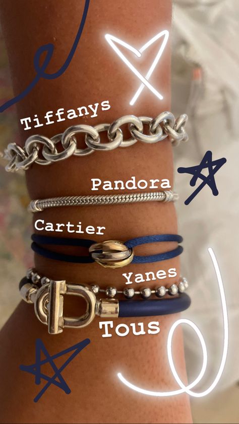 Silver Jewelry Pandora, Navy Blue Bracelet, Blue Bracelet Stack, Blue And Silver Aesthetic, Tiffany Bracelet Stack, Pandora Stack, Cartier Trinity Bracelet, Trinity Bracelet, Tiffany Bracelet