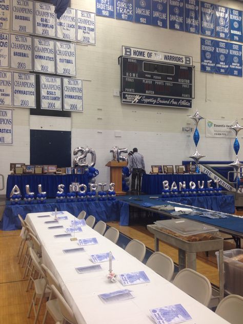 All Sports Banquet! Middle School Sports Banquet, Sports Banquet Decorations, Athletic Banquet, Sports Banquet, Banquet Ideas, Cheer Life, Banquet Decorations, School Decor, Athletic Trainer