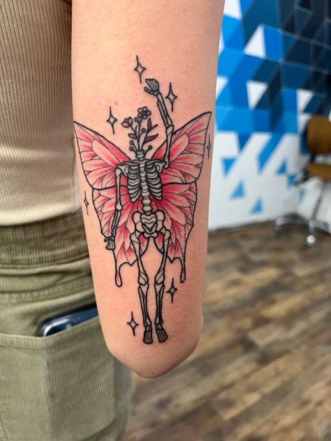 Colorful Goth Tattoo, Girly Grunge Tattoos, Whimsical Patchwork Tattoos, Girly Goth Tattoo, Edgy Tattoos Grunge, Skeleton Butterfly, Colored Tattoos, Traditional Tattoo Inspiration, Pink Tattoo