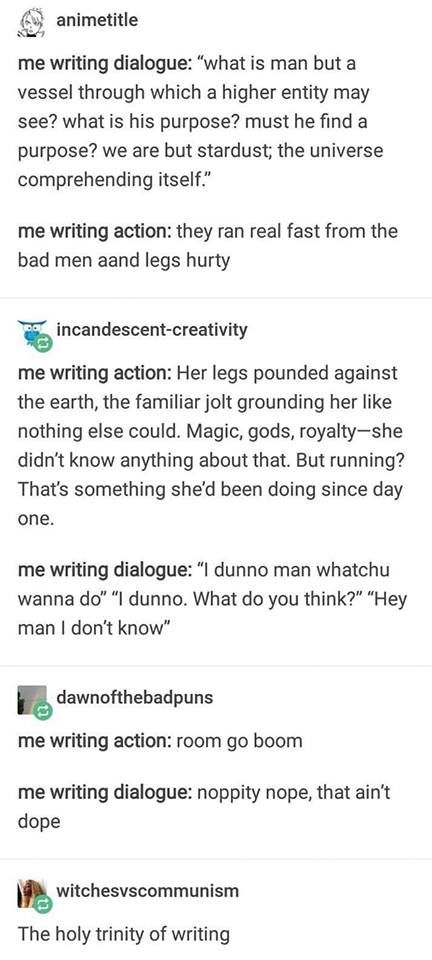 The first two should partner up Bad Writing Funny, Describe Smile Writing, How To Write Action, First Person Vs Third Person Writing, Words To Describe A Laugh, Words To Describe Smile, How To Describe A Laugh In Writing, Third Person Writing Tips, Action Scene Writing