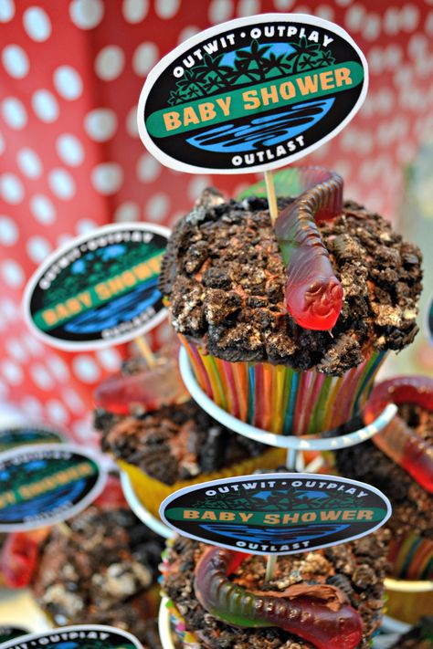 Survivor Food Ideas, Survivor Themed Food, Survivor Party Food, Survivor Theme Party, Survivor Party Games, Watch Party Food, Dirt Cupcakes, Survivor Theme, Bday Surprise