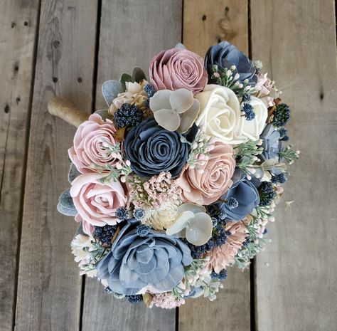 Wooden Flower Bouquet, Slate Blue Wedding, Wood Flower Bouquet, Blue Wedding Bouquet, Surprise Az, Rustic Wedding Bouquet, Theme Color, Wood Flowers, Wooden Flowers