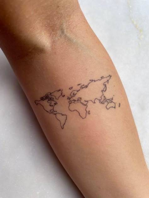 World Map Tattoo Fill In Travel, World Map Tattoo Minimalist, World Map Fine Line Tattoo, World Outline Tattoo, World Map Outline Tattoo, Map Of World Tattoo, 7 Continents Tattoo, Fine Line Globe Tattoo, Globe Tattoos For Women