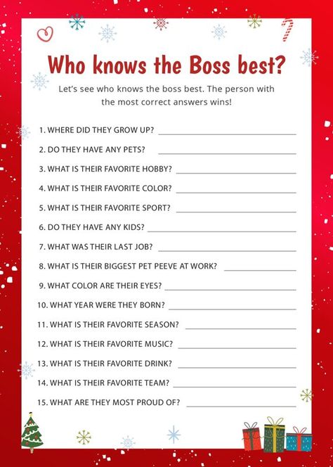 Who knows the Boss Best | Christmas Office Party Games Work Christmas Activities, Teacher Christmas Party Ideas, Work Christmas Party Games The Office, Staff Christmas Games, Employee Christmas Party Games, Holiday Office Games, Holiday Office Party Games, Christmas Games For Workplace, Who Knows The Boss Best