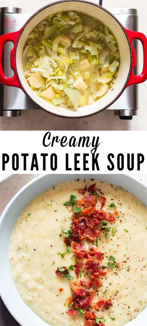 Potatoe Leek Soup Recipe, Soup Recipes Creamy, Imbolc Recipes, Potato And Leak Soup, Potato Cream Soup, Leek And Bacon Soup, Creamy Potato Leek Soup, Leeks Soup Recipes, Soup Recipes Vegetarian