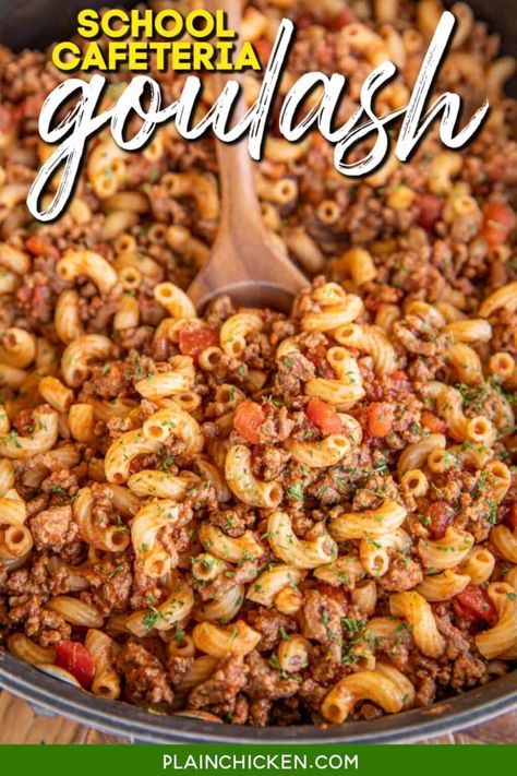 School Cafeteria Goulash - a classic dish from your childhood lunchroom. Tender pasta simmered in a rich ground beef and tomato-based sauce that is ready in under 30 minutes! Comfort food at its best! Ground beef, onion, tomato paste, diced tomatoes, beef broth, pepper, garlic, chili powder, cumin, paprika, macaroni noodles, and cheese. Great for a quick weeknight meal or a potluck. Everyone LOVES this pasta!