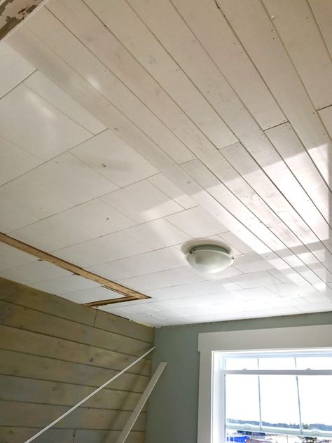 How we covered ugly acoutic tile with a plank ceiling Hide Tile Ceiling, Covering Tile Ceiling, Panel Ceiling Makeover, Replacing Tile Ceiling, How To Update Ceiling Tiles, Ceiling Tile Alternatives, Update Ceiling Tiles, Acoustic Ceiling Tiles Makeover, How To Cover Ceiling Tiles