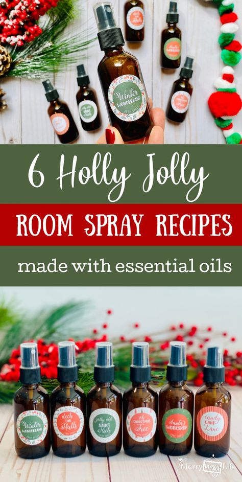 6 Holiday Room Spray Recipes to put you in the Christmas spirit without toxins! These recipes are made with pure essential oils and smell amazing! You'll love using these in your home during the Christmas season - and they're super easy to make! via @MerryMessyLife Diy Christmas Room Spray, Christmas Smells Essential Oils, Christmas Essential Oil Room Spray, Christmas Room Spray Essential Oils, Doterra Room Spray Recipes, Thoughtful Homemade Christmas Gifts, Young Living Room Spray Recipes, Room Spray With Essential Oils Recipes, Essential Oil Room Spray Blends