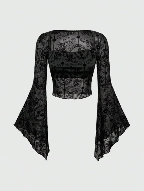 Women Gothic   Slim Fit Blouse For Halloween Black Casual  Long Sleeve Mesh Fabric Animal,Halloween,Plain,All Over Print  High Stretch  Women Clothing, size features are:Bust: ,Length: ,Sleeve Length: Halloween Simples, Goth Plus Size, Gothic Blouse, Black Lace Shirt, Goth Women, Gothic Clothing, Fitted Blouses, Extra Long Sleeves, Animal Print Blouse