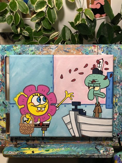 Super fun custom painting! Cartoon Halloween Painting Ideas, Small Canvas Art Cartoon, Mini Spongebob Painting, Acrylic Painting Spongebob, Graphic Painting Ideas On Canvas, Tv Painting Ideas, Easy Fun Sketches, Cartoon Art Canvas Painting, Paintings Ideas Cartoons