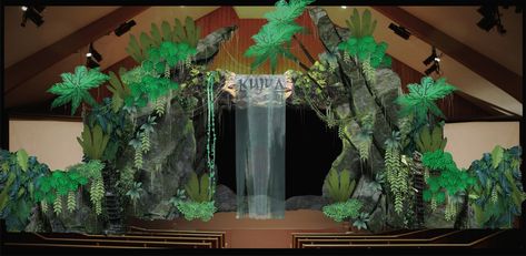 Jungle Stage Design, Avatar Tree, Jungle Vbs, Stage Production, Camp Theme, Camping Theme, Stage Set, Jungle Theme, Stage Design