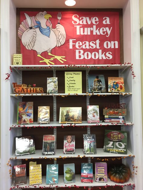 Middle School Library Thanksgiving Book Display Library Thanksgiving, Middle School Library Displays, Media Center Decor, Middle School Library, School Library Book Displays, School Library Bulletin Boards, School Library Decor, School Library Displays, Thanksgiving School