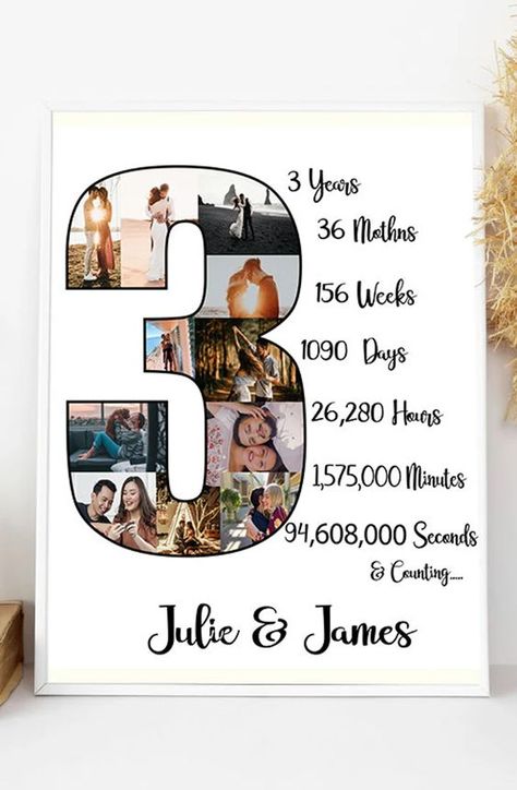 3rd Year Anniversary Gifts For Him, Three Year Anniversary Gift, Anniversary Gift Ideas For Him Boyfriend, Wedding Gift For Husband, 3rd Year Anniversary, Number Photo Collage, Anniversary Photo Collage, Anniversary Collage, 4th Year Anniversary Gifts