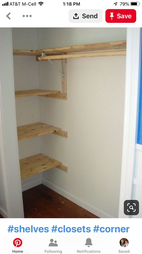 Narrow Deep Closet Organization, Narrow Long Bedroom, Dormer Closets, Long Narrow Closet Organization, Long Narrow Closet Ideas, Long Narrow Closet, Small Closet Remodel, Narrow Closet Organization, Wooden Closet Shelves