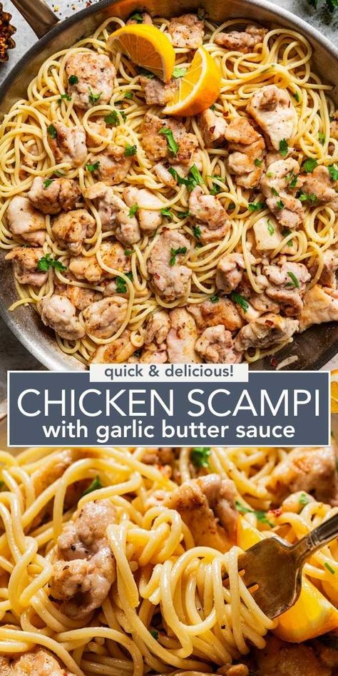 Don't miss out on this Chicken Scampi recipe! Featuring al dente pasta and juicy chicken bites all swirled in a zesty lemon garlic butter sauce, it's a dish destined to win over the whole family. Garlic Butter Chicken Bites With Pasta, Chicken Thighs And Pasta, Chicken Thighs Pasta, Chicken Thigh Pasta Recipes, Tenderloins Recipes, Chicken Linguini, Lemon Butter Chicken Pasta, Chicken Scampi Pasta, Diethood Recipes