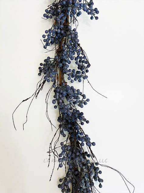 Blueberry Branch Powdered Faux Garland, Farmhouse Garland, Rustic Garland, Holiday Garland, Floral Garland Floral Christmas Garland, Christmas Decor For Blue Living Room, Pale Blue Christmas Decor, Christmas Garland Above Kitchen Cabinets, Blueberry Garland, Navy Christmas Decor, Navy Blue Christmas Decor, Navy Blue Christmas Tree, Blue Christmas Decor Ideas