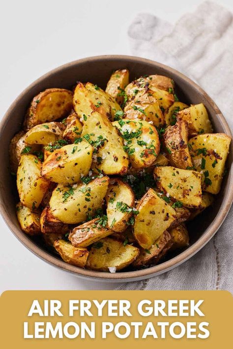 Potatoes With Feta Cheese, Potatoes With Feta, Lemon Roasted Potatoes, Air Fry Potatoes, Greek Lemon Potatoes, Steak Bites Recipe, Simple Dinners, Air Fryer Steak, Greek Potatoes