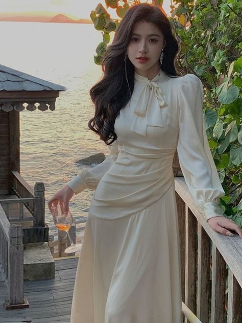 New Spring Elegant Satin Midi Dress Women French Vintage Bow Tie OL Dress Female Casual One Piece Satin Dresses For Women, Dresses For Women Long Sleeve, Korean Fashion Chic, Long Sleeve Streetwear, Chic French Style, Dress Office, Pakaian Feminin, Office Dresses For Women, Elegant Midi Dresses