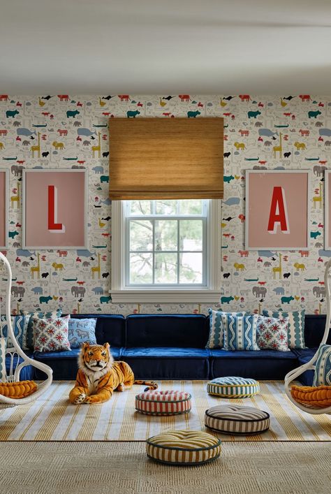 playroom Playroom No Windows, Dark And Moody Playroom, Sloped Ceiling Playroom, Turn Dining Room Into Playroom, Playroom Seating Ideas For Adults, Mcgee And Co Playroom, Snug Playroom Ideas, Kid Basement Ideas, Mcgee Playroom