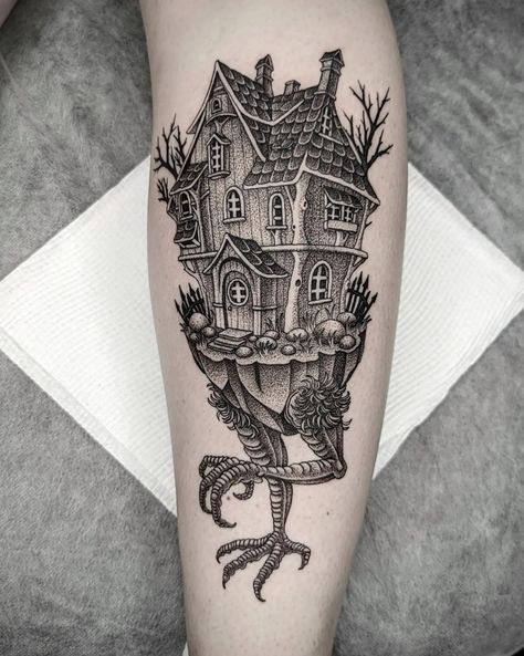 Creepy House Tattoo, Witch House Tattoo, Baba Yaga House Tattoo, Baba Yaga Tattoo, October Tattoos, Babayaga Tattoo, Witchcraft Tattoo, Haunted House Tattoo, Tattoo Bible