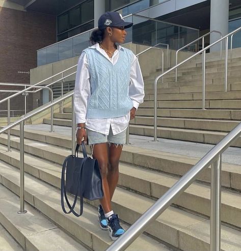 Polo Aesthetic Outfit, Blue Aesthetic Summer, Teal Jordans, Sweater Vest Outfit Women, Vest Outfit Women, Sweater Vest Outfit, White Shirt Outfits, Shirt Dress Outfit, Instagram Baddie