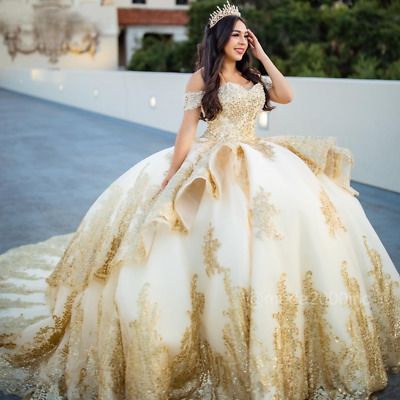 Gold Lace Applique Quinceanera Dress Ball Gown Beading Sequins Ruffles Sweet 16   | eBay Quinceñera Dresses Yellow, Quiencera Dresses White And Gold, Sweet 16 Yellow Dresses, White And Gold 15 Dresses, White Floral Quinceanera Dresses, Golden Princess Dress, Light Yellow Quince Dress, Victorian Quinceanera Dresses, Quince Dresses Gold