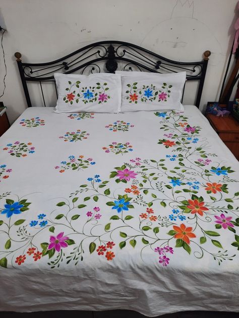 It's a beautiful handpainted cotton Double bed sheet with pillow covers.. Bed Sheet Painting Design, Embroidery Abstract, Fabric Paint Shirt, Bed Cover Design, Embroidered Duvet Cover, Designer Bed Sheets, Painted Beds, Fabric Paint Diy, Double Bed Sheets