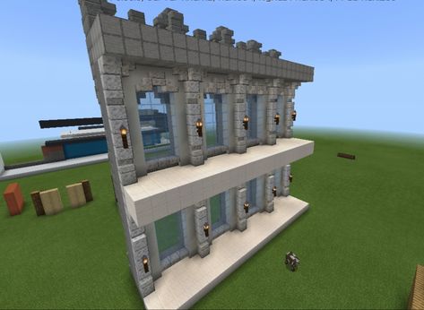 Interior. Made with smooth stone, white concrete; polished diorite: block, stair, and slab; dark oak fence and lamp Minecraft Diorite Builds, Oak Fence, Maine Craft, Mega Base, Minecraft Wall, Windows Design, M Craft, Minecraft Castle, White Building