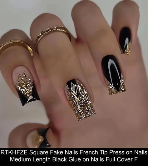 Gold And Black Gel Nails, Ballerina Nails Black Design, Great Gatsby Nails Designs, Nail Designs Black And Gold, Black Graduation Nails, Roaring 20s Nails, Gala Nails, Fake Nails French Tip, Nails With Gold Glitter