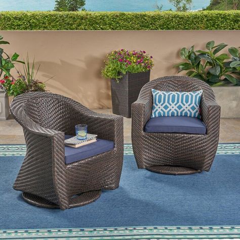 Wrought Studio Gaviota Swivel Patio Chairs with Cushions & Reviews | Wayfair Wicker Swivel Chair, Navy Blue Cushions, Outdoor Swivel Chair, Swivel Club Chairs, Cozy Seats, Patio Lounge Chairs, Swivel Chairs, Patio Lounge, Wicker Chairs