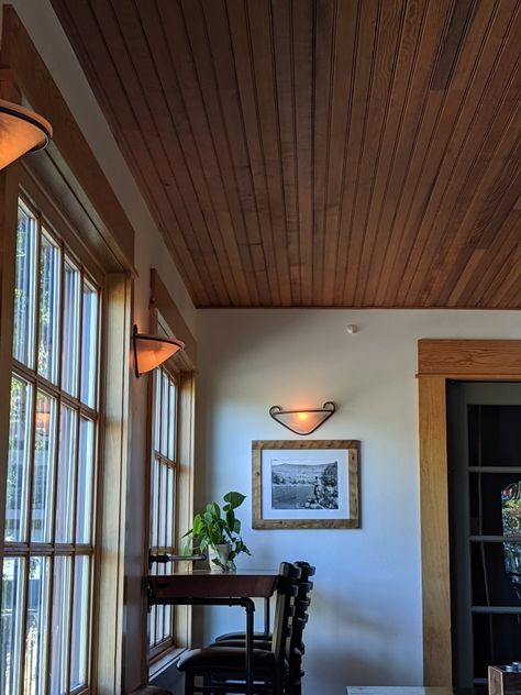 Cabin Beadboard Walls, Wooden Beadboard Ceiling, Wood Panel Ceiling Office, Dark Wooden Ceiling, Natural Wood Beadboard Walls, Wood Slat Ceiling Bedroom, Dark Beadboard Ceiling, Natural Beadboard Walls, Natural Beadboard Ceiling