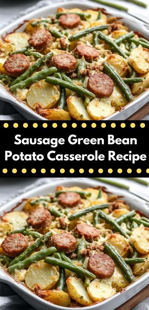 Craving a delicious one-pan meal? This Sausage Green Bean Potato Casserole combines savory sausage, fresh green beans, and tender potatoes. Perfect for busy weeknights, it's a quick and satisfying dinner idea for the whole family. Sausage Potatoes And Green Beans, Sausage Green Bean Potato Casserole, Green Bean Potato Casserole, Sausage And Green Beans, Sausage Potato Casserole, Beans And Sausage, Yummy Casserole Recipes, Sausage Dishes, Green Beans And Potatoes