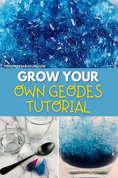 In simplest forms, geodes are rocks filled with crystals. With some simple ingredients and a little bit of patience, you can grow your own! Geology Experiments For Kids, Rock Activities For Preschool, Geology For Kids, Rock Experiments, Geology Activities, Geology Lessons, Lds Activities, Crystals For Kids, Rock Unit