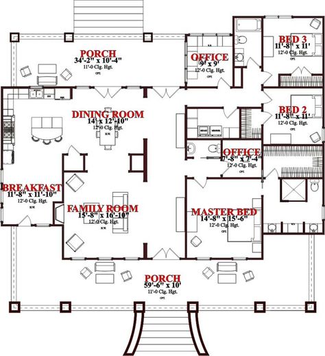 Main Floor Plan Barndominium Floor Plans, Craftsman Style House Plans, Cottage Plan, House Blueprints, Bedroom House Plans, Half Bath, Mud Room, Office Room, New House Plans