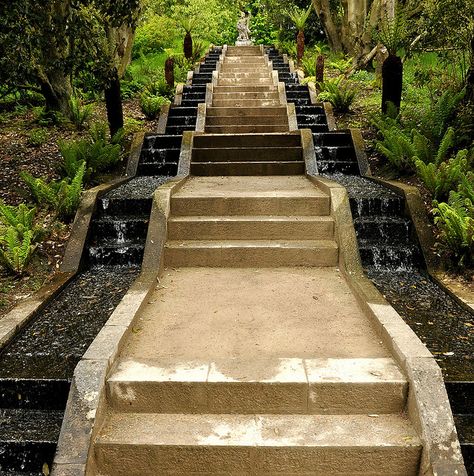 wow!  Beautiful concrete staircase with water features on both side. Step Fountain, Holker Hall, Islamic Landscape, Landscaping Water Feature, Cumbria England, Landscape Stairs, Water Architecture, Outdoor Stairs, Exotic Places