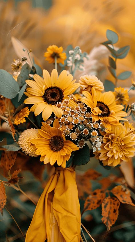 Fall Brides Bouquet, Yellow Fall Wedding Colors, Red And Orange Bouquet, Wedding Bouquet Fall Colors, Orange Wedding Bouquet Summer, Fall Flowers Arrangements, Sunflower Bouquet Aesthetic, Mustard Wedding Theme, Fall Flowers Aesthetic