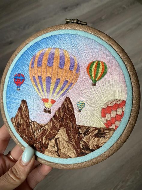 Hot Air Balloon Embroidery, Air Balloon Embroidery, Balloon Embroidery, Landscape Embroidery, Air Ballons, Embroidery Crafts, Pastel Clouds, Hot Sweater, Needlework Crafts